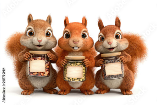 Three squirrels hold jars of different seeds.