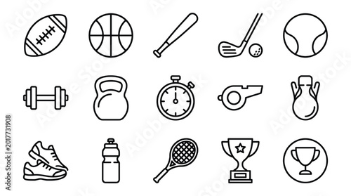Set of sports and fitness icons, vector illustration of gym equipment, balls, and athletic gear isolated on white background