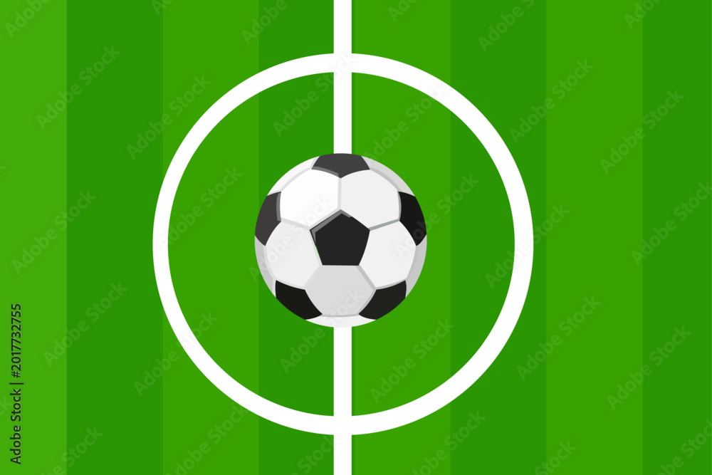 Obraz premium Clean and minimal football field illustration featuring a soccer ball placed at the center of a green pitch. Great for sports posters, football graphics, banners, educational materials, and game-theme