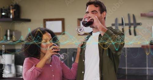 Sipping couple wearing pink top and olive jacket in kitchen, waveform overlay and wine glasses