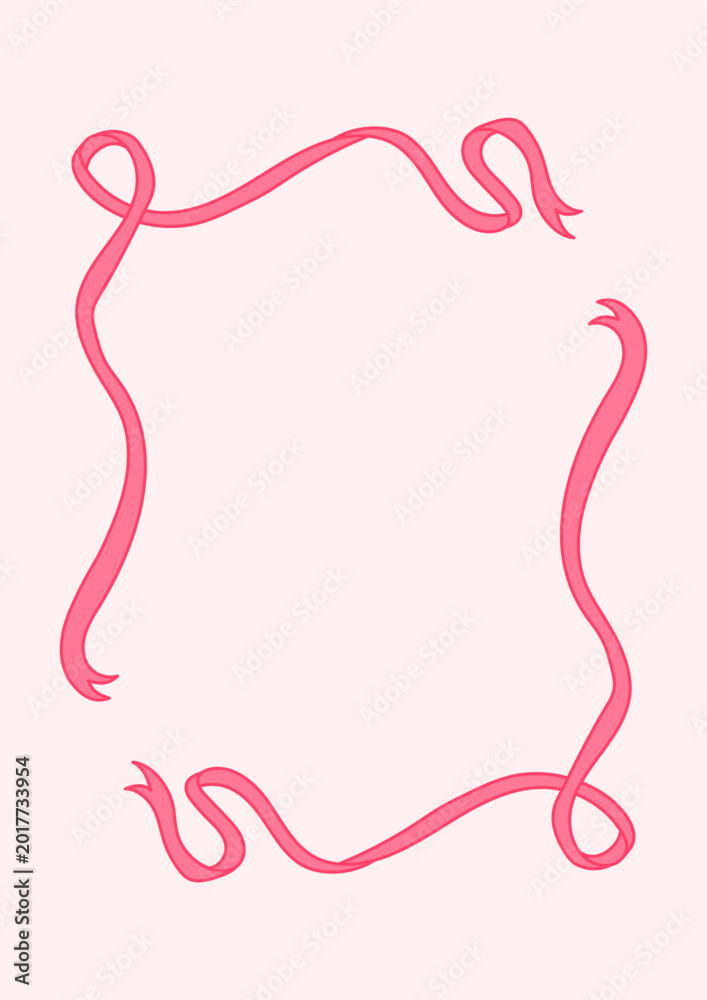 Fototapeta premium Ribbon bow vector pink frame. Cute hand drawn ribbon border doodle.