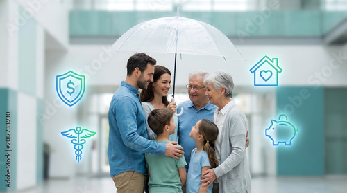 Family under umbrella with icons representing insurance, health, home, and financial security