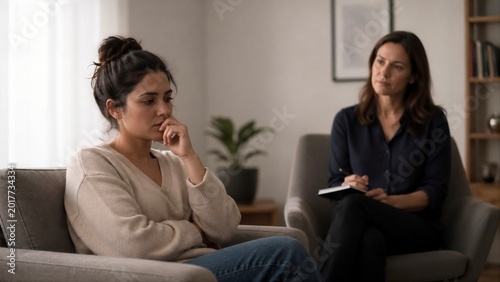 Woman Sitting Silently in Therapy Session Reflecting on Deep Thoughts and Inner Conflict, Therapist Observing with Empathy