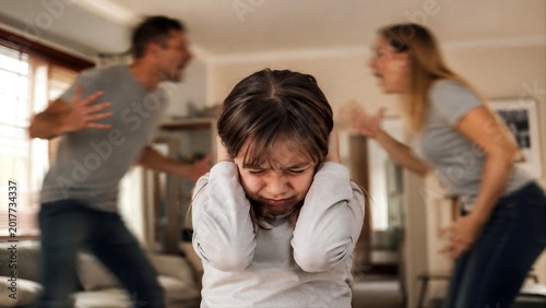 Child Covering Ears While Adults Argue Loudly in Background, Emotional Distress and Sensory Overload Concept with Blurred Chaotic Motion