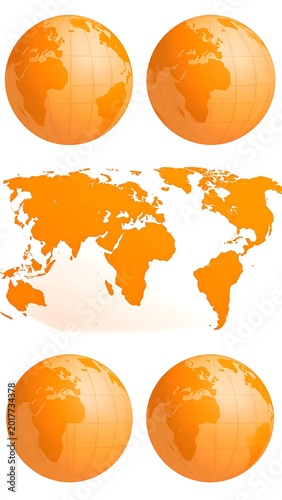 Several orange-toned globe visualizations and a flat map of the world against a white background. The globes display continents