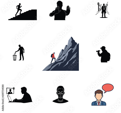 Abstract human activity silhouettes with blue halftone patterns