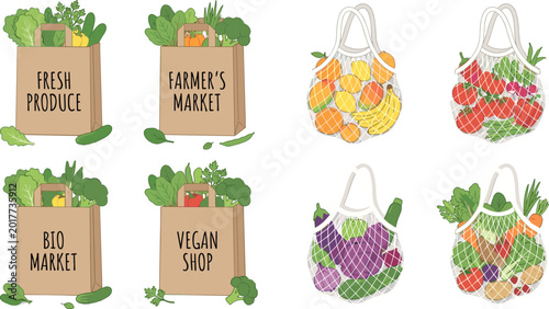Obraz na płótnie Eco friendly shopping bags vector set with paper bags and reusable mesh bags filled with fresh organic vegetables for zero waste farmer market concept