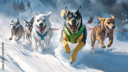 A pack of various dog breeds running through deep snow on a winter trail wearing colorful harnesses while enjoying an active outdoor exercise in nature