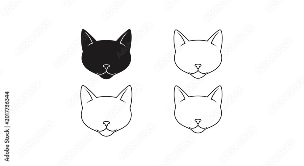 Fototapeta premium Cat head silhouettes and line drawings on white background silhouette