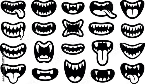 Obraz na plátně Collection of diverse cartoon monster mouths with sharp teeth and tongues for gr