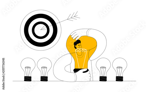 A man holding a light bulb against a target. Vector illustration on the theme of working towards a goal and accurately hitting the target. Search for a business idea.