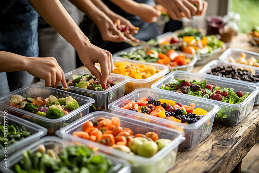Fototapeta premium A group of people preparing healthy salad meals in clear plastic containers on a wooden table for meal prep or food distribution in a kitchen setting