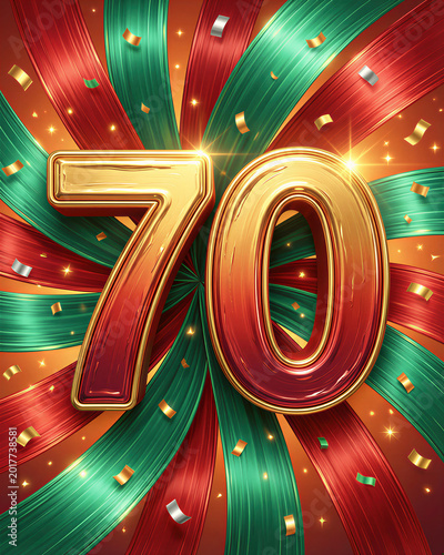 A vibrant birthday illustration featuring a large, shiny gold and red number 70 surrounded by green and red ribbons, confetti, and sparkles on a warm-toned background.