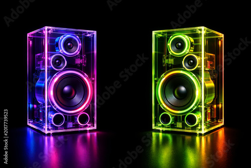 Two disco speaker boxes in neon colors, one on the right and one on the left in the picture, made of transparent acrylic glass, glow against a black background.