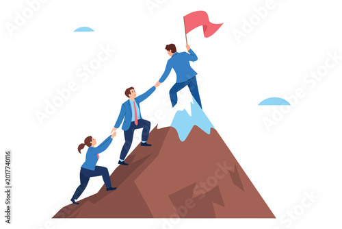 Teamwork business concept illustration with people climbing mountain and helping each other to reach peak goal with red flag.