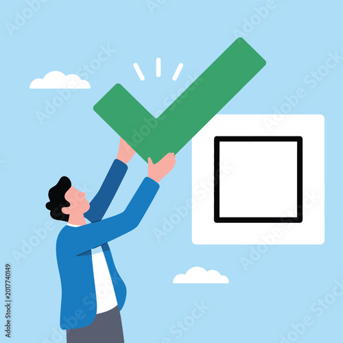 Creative concept showing man placing green tick sign into white checkbox to indicate finished project and successful work progress.