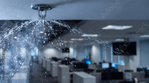 Fire sprinkler activating with water spraying in office ceiling, emergency safety system protecting workspace from fire hazards, modern building interior with desks and computers
