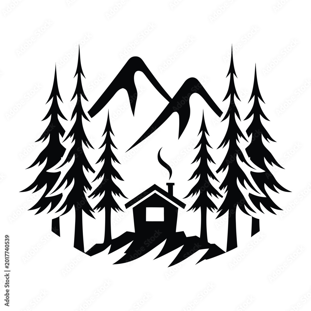 Fototapeta premium Mountain landscape with forest cabin and pine trees silhouette.