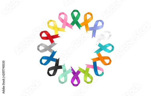 Colorful awareness ribbons form a circle on white background symbolizing support and solidarity for various causes and charities