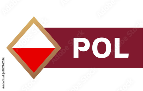 Foto Red and white diamond shaped logo with pol text on maroon background