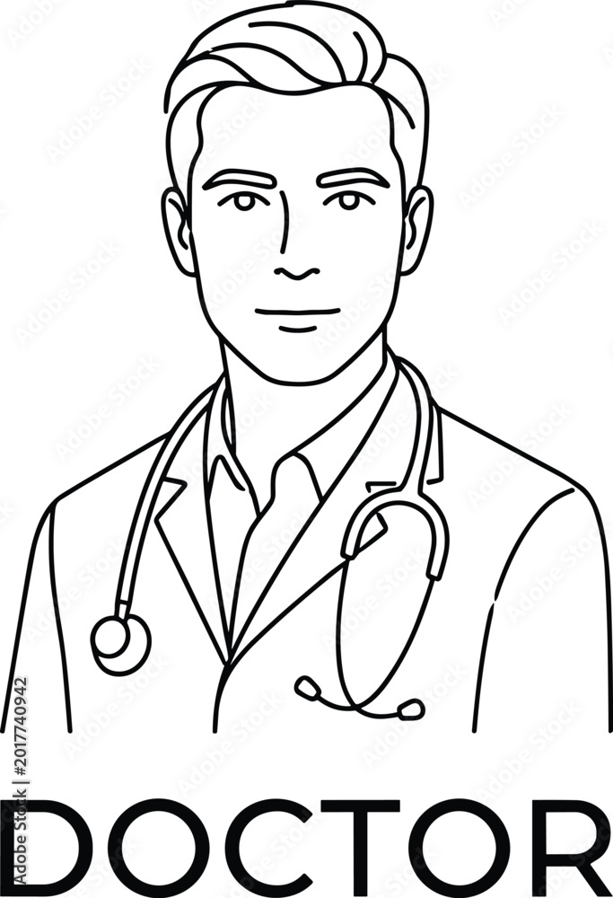 Fototapeta premium Line drawing of medical professional wearing stethoscope and jacket symbolizing healthcare expertise, patient care, and clinical medicine concept