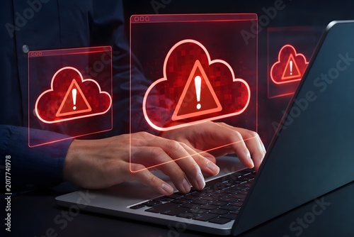 Cloud outage. Incident within cloud infrastructure. Application service unavailable. Businessperson using laptop computer.