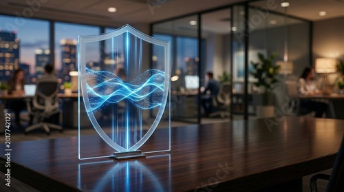 Digital shield protecting data in modern office environment with city skyline at dusk
