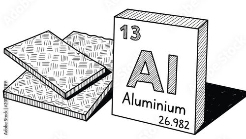 Konstfotografi black and white outline drawing of aluminium, element number 13 on periodic table, with multiple sheets of aluminum metal