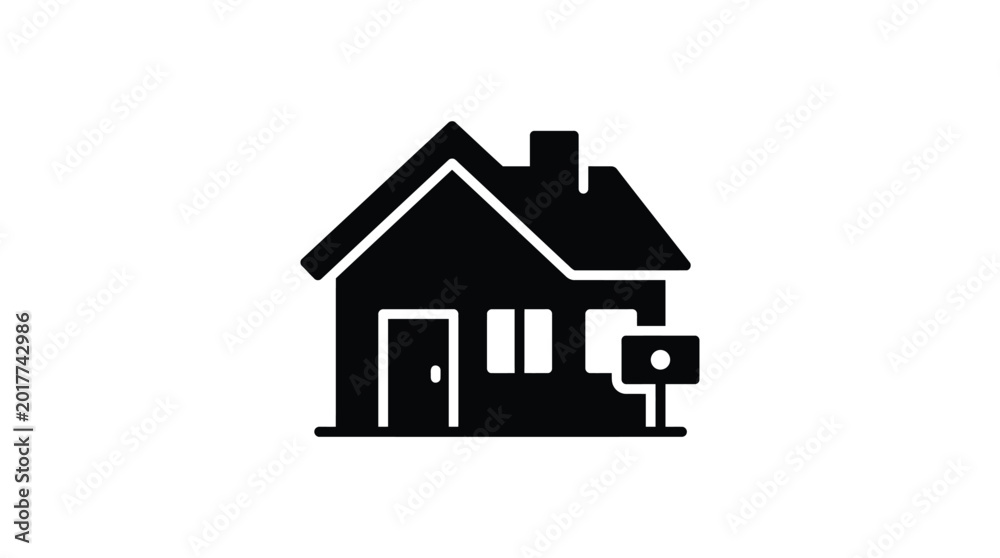 Fototapeta premium Simple black silhouette of a classic suburban house with chimney and small yard ideal for real estate or homeownership graphics