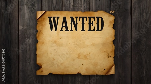 features a vintage-style wanted poster prominently displayed on a rustic wooden wall. The poster is aged, with a yellowed and weathered appearance, featuring torn edges and creases that suggest it has