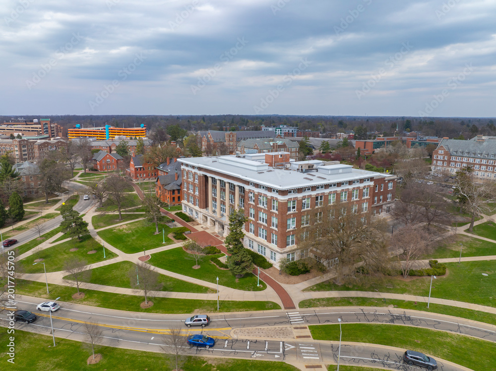Naklejka premium Agriculture Hall aerial view in Michigan State University in East Lansing, Michigan MI, USA. Agriculture Hall is the home of College of Agriculture and Natural Resources. 