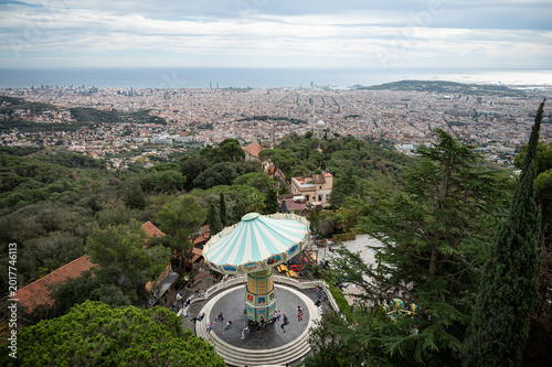 Barcelona panoramic city view from Tibidabo with carousel