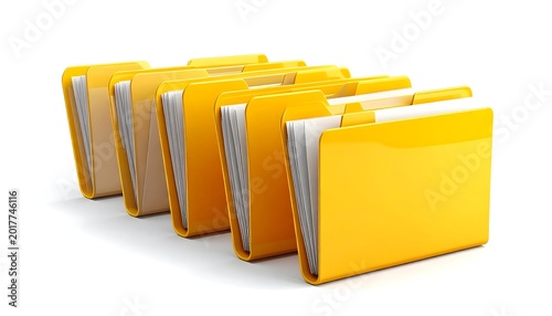 Several shiny, bright yellow file folders arranged in a row, slightly angled, with papers visible inside. White background