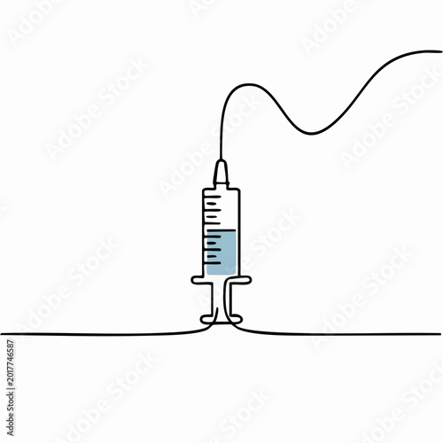continuous one line drawing of syringe injection with flowing medical line