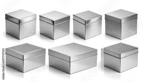 Several shiny, metallic-looking square boxes with lids are arranged. Some stand upright, others lie flat, displaying different perspectives
