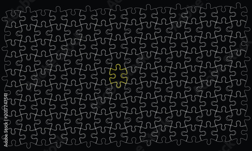 Creative jigsaw puzzle black background with one highlighted YELLOW puzzle piece represent uniqueness, leadership, problem solving, and individuality. Perfect abstract concept illustration for busines