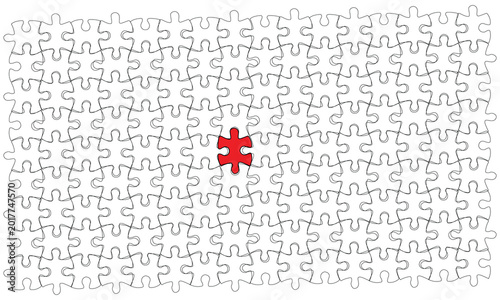 Creative jigsaw puzzle background with one highlighted red puzzle piece represent uniqueness, leadership, problem solving, and individuality. Perfect abstract concept illustration for business.