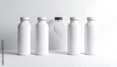 Several sleek, white bottles with simple caps are presented on a white surface, one bottle appears transparent