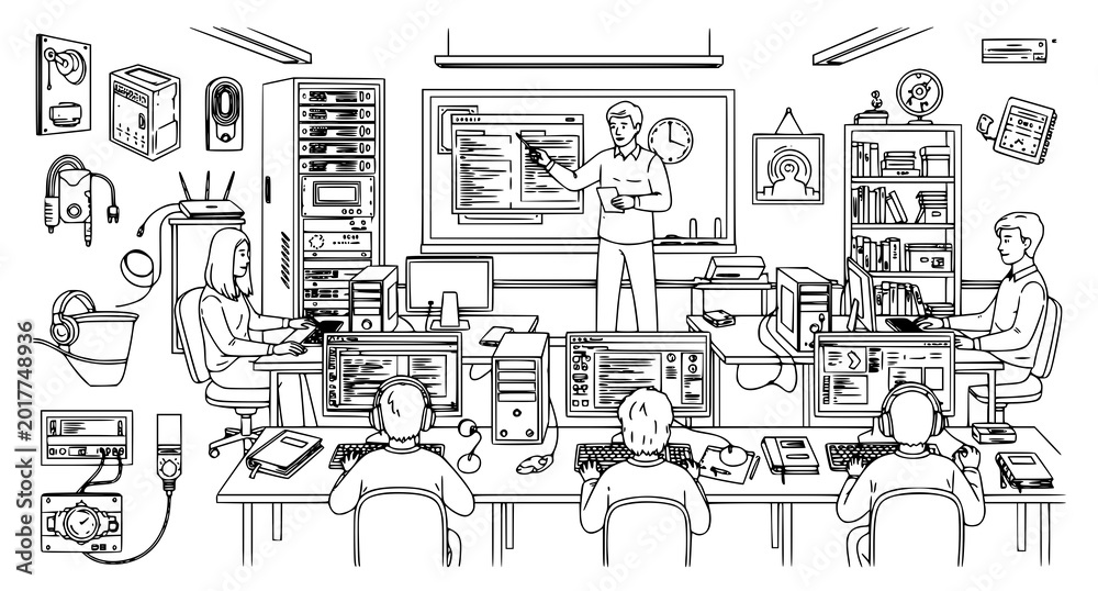 Naklejka premium Computer class with teacher and students learning programming