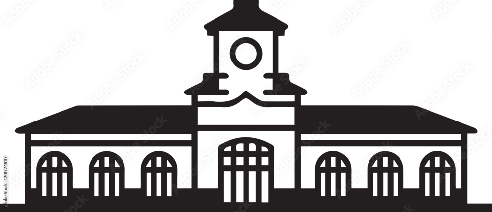 Obraz premium A black silhouette of a building with a clock tower on a white background