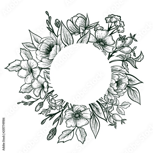 Bild auf Leinwand Hand drawn black and white floral wreath frame, botanical line art illustration