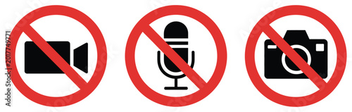 No record icons set showing mute, camera, and mic symbols with red prohibition circles for recording ban, privacy protection, and security signage visuals.