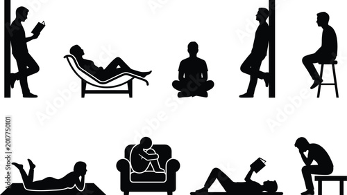 Bild auf Leinwand Relaxed People Reading Book Silhouette Collection Featuring Calm Leisure Poses I