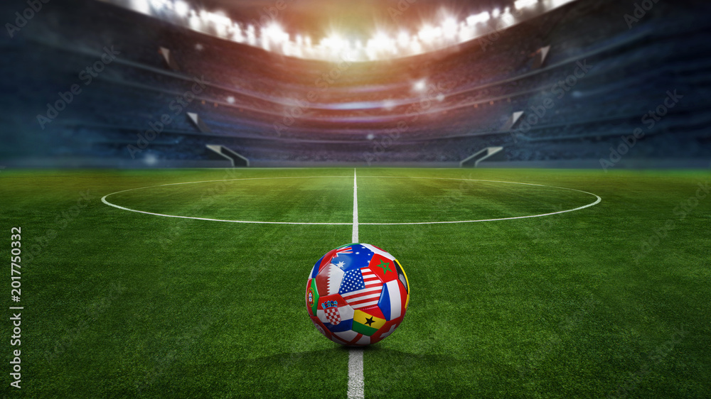Fototapeta premium green textured field in soccer stadium and soccer ball covered with multiple national flags symbolizing an international football tournament. ready for game