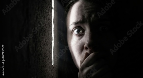 Terrified Young Woman Hiding in the Dark and Peeking Through a Crack