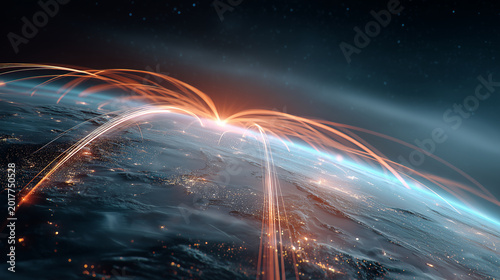 Futuristic communication network over Earth, glowing arcs and digital lines, cinematic space view