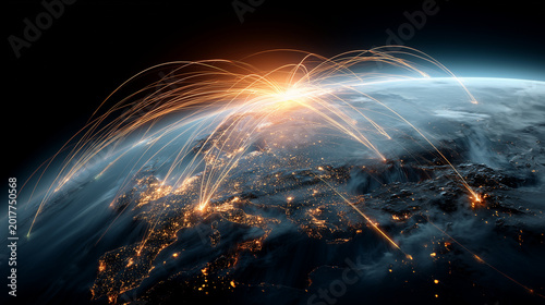Satellite view of global internet connections over Earth, glowing information trails, futuristic concept