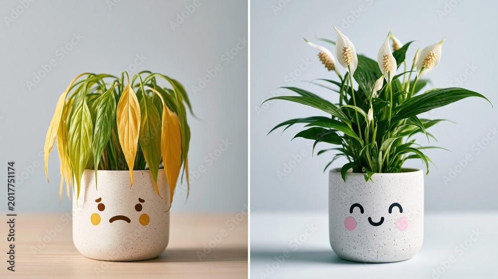 Obraz premium Before and after recovery of wilted Peace Lily plant in cute pots