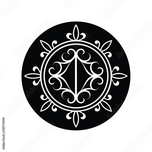 Elegant white symmetrical ornate scrollwork design within a black circular emblem, perfect for luxury branding and classic invitations.