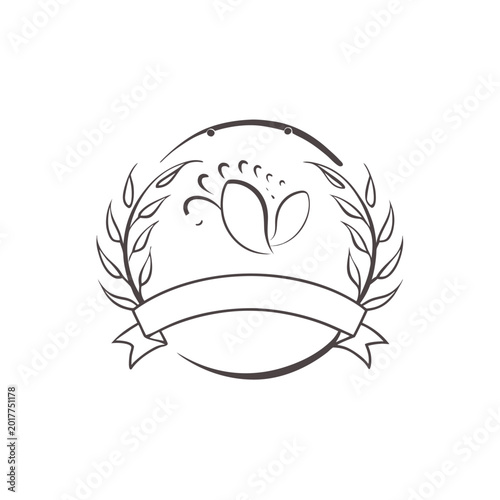 Simple outline floral circular emblem with laurel branches and an empty banner, perfect for organic product labels and rustic branding.